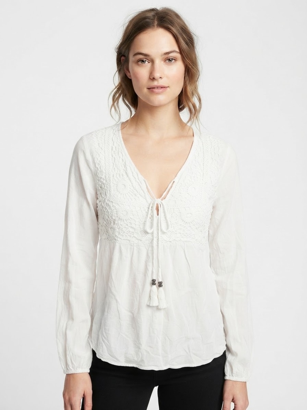 Earl White Lace Yoke Peasant Blouse with Tie Front Neckline